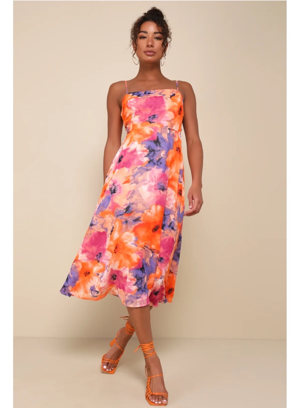Lulus Radiant Feelings Orange & Purple Floral Chiffon Midi Dress Small Vacation